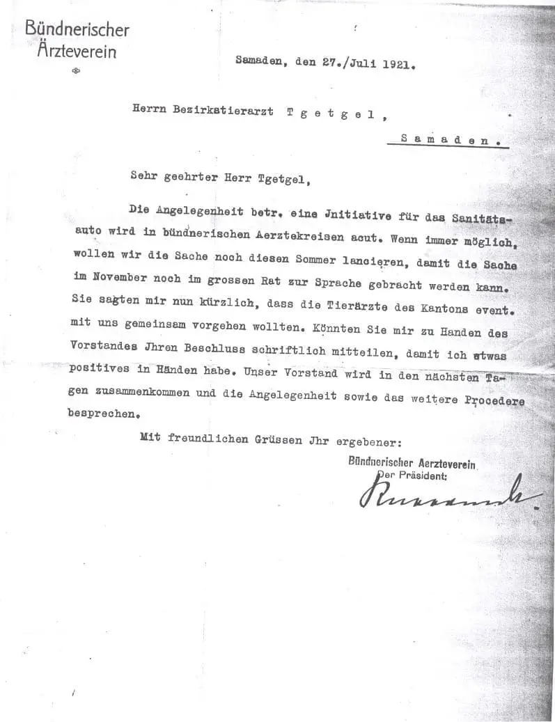 Schreiben des Bündner Ärztevereins
an GBT - Präsident Tgetgel bezügl. Sanitätsauto /1921