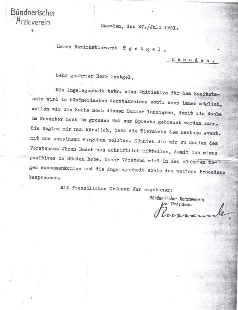 Schreiben des Bündner Ärztevereins 
an GBT - Präsident Tgetgel bezügl. Sanitätsauto /1921
